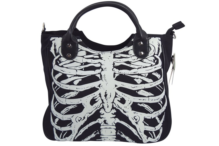 Lost Queen Goth Ribcage Skeleton Glow in the Dark Shoulder Bag - 