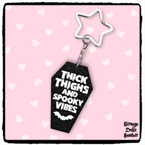 Thick Thighs coffin keychain, gothic spooky Halloween, Strange Dollz Boudoir