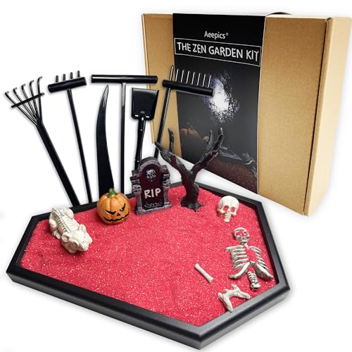 Aeepics Coffin Zen Garden Decor for Office Desk, Gothic Gifts for Women, Desk Tray for Halloween, Kit Includes Pumpkin Skeleton Dog Tree RIP Tombstone and Rakes (Coffin ZG-A) - Coffin Zg-a