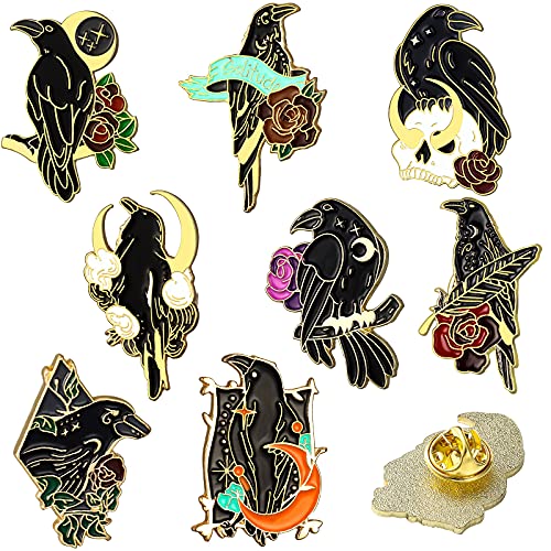 Juinte 8 Pieces Black Crow Pins Set Art Rose Moon Lapel Pin Cute Aesthetic Badges for Children Women Backpack Shirt Denim Bag Jewelry Accessories