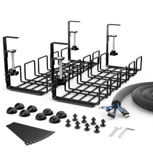 KOXXUD Under Desk Cable Management Tray Kit, No Drill Table Cable Basket for Storing Extension Cords, No Screws Tidy Wire Organiser Clamp for Home, Office, Internet Cafe, Kitchen (Black, 2PCS)