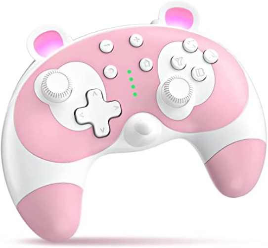 PowerLead Switch Controller - Cute Raccoon Animal Pro Controller for Switch Lite/OLED/PC, Wireless Switch Remote Controller Gamepad Joystick with Turbo/Motion Control/Wake-up, Vibration - pink