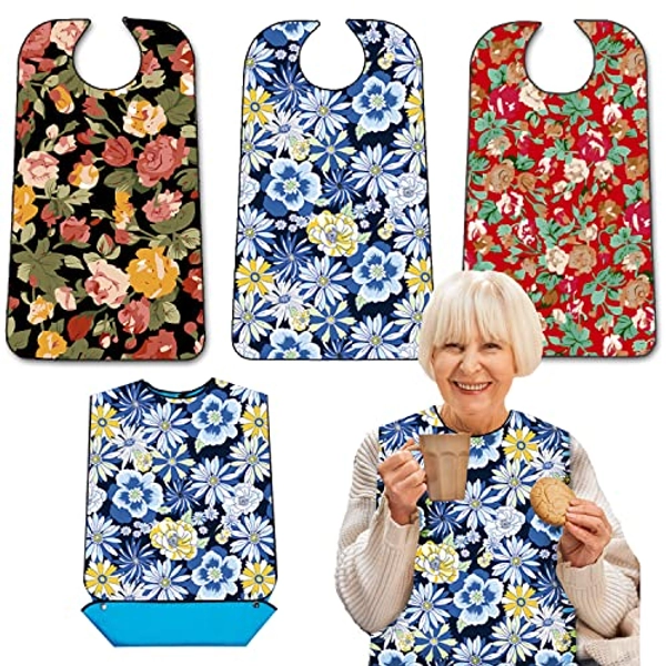 3 Pack Adult Bibs with Crumb Catcher, Washable and Adjustable Adult Bibs for Women Elderly Seniors, Bibs for Eating - Colorful Big Flower
