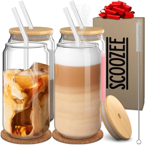 Scoozee Glass Cups with Bamboo Lids and Straws (18oz, Set of 4) Iced Coffee Cup for Ice Coffee Bar Accessories | Aesthetic Cute Drinking Glasses for Home Essentials Housewarming Gift