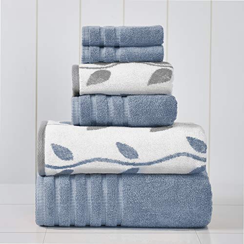 Amrapur Overseas 6-Piece Yarn Dyed Organic Vines Jacquard/Solid Ultra Soft 500GSM 100% Combed Cotton Towel Set [Blue] - Blue - Towel Set