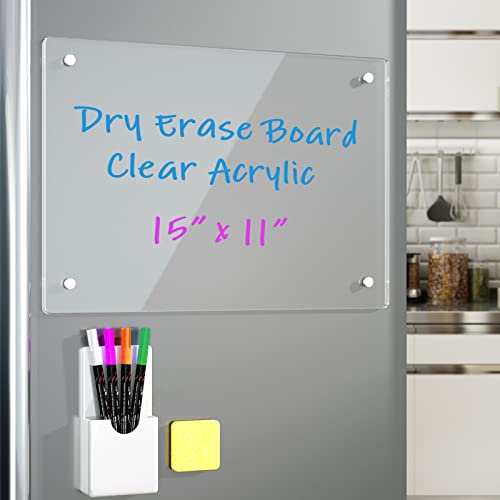 Note Board Refrigerator Dry Erase Board Magnetic Clear 15”x11" Includes 4 Dry Erase Markers (White)
