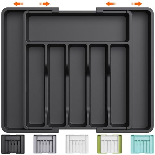 Lifewit Silverware Drawer Organizer, Expandable Utensil Tray for Kitchen, BPA Free Flatware and Cutlery Holder, Adjustable Plastic Storage for Spoons Forks Knives, Large, Black - 1 - Black
