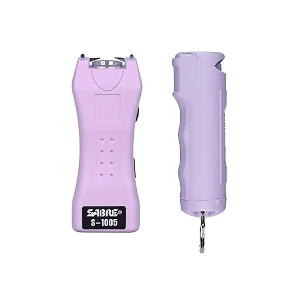 SABRE Pepper Spray & 2-in-1 Stun Gun with Flashlight, Self Defense Kit, Fast Flip Top Safety, Finger Grip for Better & Faster Aim, Painful 1.60 µC Charge, 120 Lumen LED Light, Rechargeable, 0.54 fl oz - Lavender
