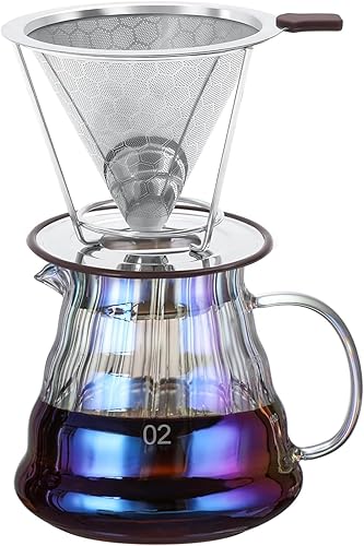 MISETTO Pour Over Coffee Dripper Set, Stainless Steel Paperless Coffee Filter and Iridescence Glass Coffee Server,Heat Resistant Glass Coffee Pot 500ml (17oz),Complete combination of single cup coffee