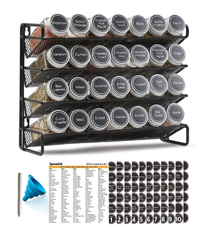 SpaceAid Spice Rack Organizer with 28 Spice Jars, 386 Spice Labels, Chalk Marker and Funnel Set for Cabinet, Countertop, Pantry, Cupboard or Door & Wall Mount - 28 Jars, 13.4"W × 10.8"H - 28 Jars, 13.4"W × 10.8"H