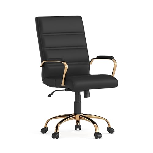 Flash Furniture Whitney Mid-Back Desk Chair - Black LeatherSoft Executive Swivel Office Chair with Gold Frame - Swivel Arm Chair - Black Leathersoft/Gold Frame