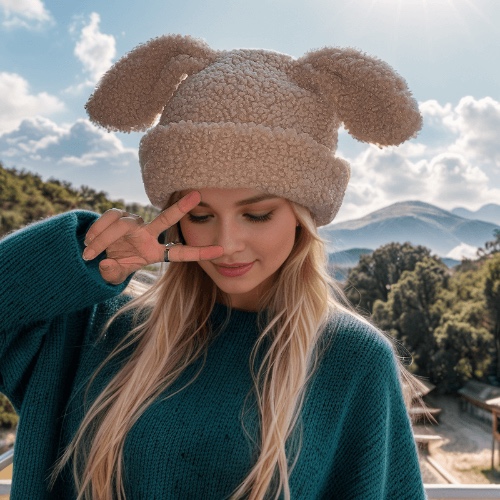 Bunny Ears Lambswool Beanie Hat - Khaki / One Size