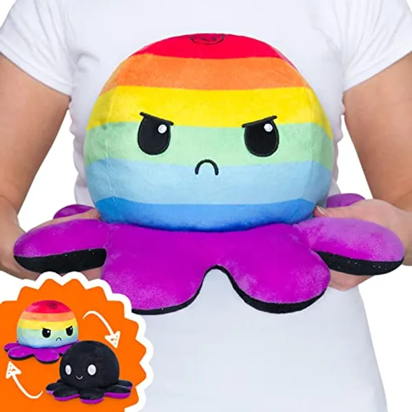 TeeTurtle | The Original Reversible Big Octopus Plushie | Patented Design | Black + Rainbow Stripes | Happy + Angry | Show Your Mood Without Saying a Word!