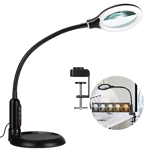 TOMSOO 5X Magnifying Glass with Light and Clamp, 5 Color Modes Stepless Dimmable Lighted Magnifier with Stand, Flexible Gooseneck LED Desk Lamp Hands Free for Craft Reading Painting Hobby Close Work - Black - 5X