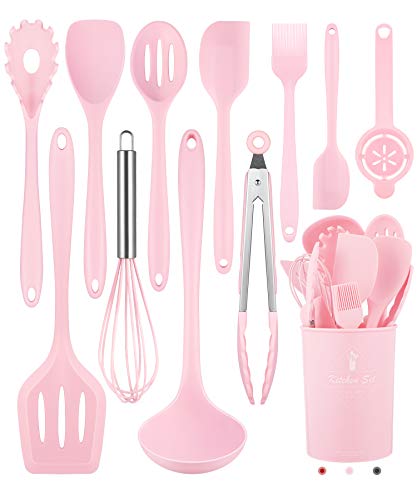 Kitchen Utensils Set-12 Pieces Silicone Cooking Utensils Set (Dishwasher Safe) 392°F Heat Resistant Spatula Set, Nonstick Cookware - Pink