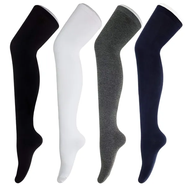 Tom & Mary Women’s Thigh High Socks, Combed Cotton (85%), Non-Slip, Soft, Stripe & Solid, Over Knee Extra Long (Size 5-9) - Black, White, Charcoal, Navy - Solid