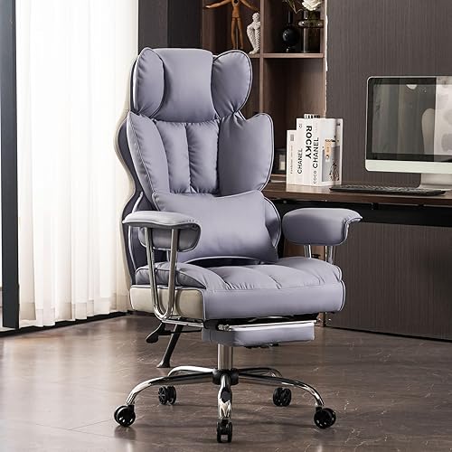 Efomao Office Chair with Footrest, Big and Tall Executive Chair, PU Leather Computer Chair with Lumbar Support, Gaming Chair with Leg Rest, Home Office Desk Chair, Light Purple. - Light Purple