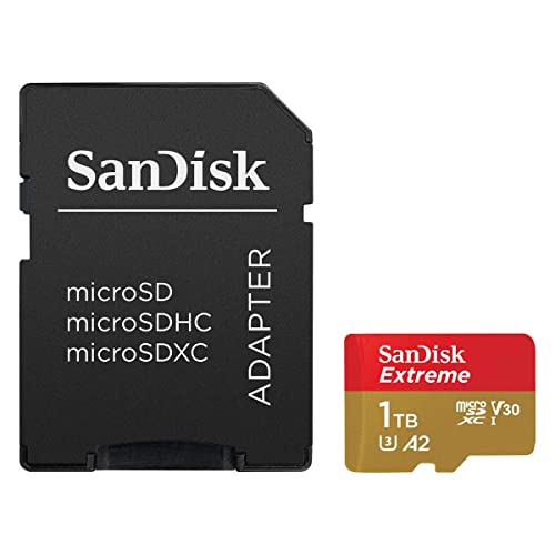 SanDisk 1TB Extreme microSDXC UHS-I Memory Card with Adapter - Up to 190MB/s, C10, U3, V30, 4K, 5K, A2, Micro SD Card- SDSQXAV-1T00-GN6MA, Gold/Red - 1TB - Memory Card Only
