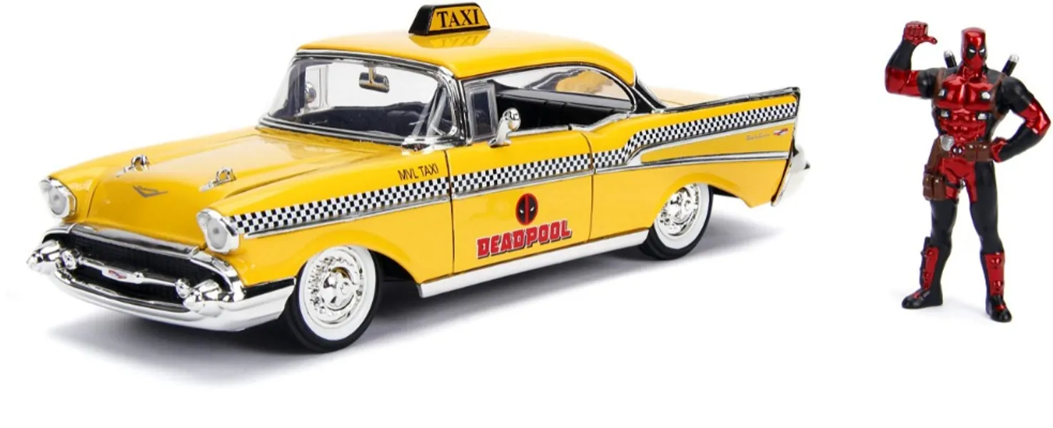 Jada 1957 Chevrolet Bel Air Taxi Yellow with Deadpool Die-cast Figure Marvel Series 1/24 Die-cast Model Car 30290, Multicolor
