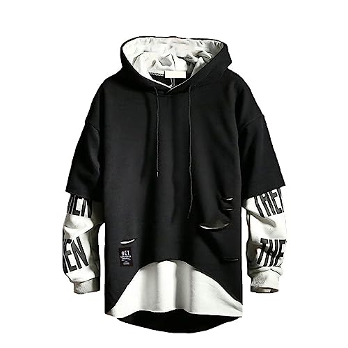 DUDHUH Mens Hoodie Fashion Pullover Letter Print Tracksuit Techwear Casual Coat Hip-Hop Sweatshirt - Large - Black2