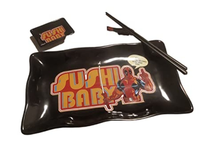 Bazillion Dreams Marvel Deadpool 4 Piece Japanese Sushi Dinnerware Set, Black