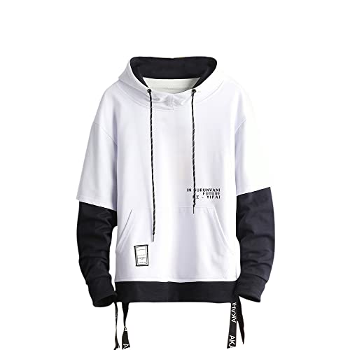 GURUNVANI Contrast Color Pullover Hoodie Mens Patchwork Hoodies Men - White - Large