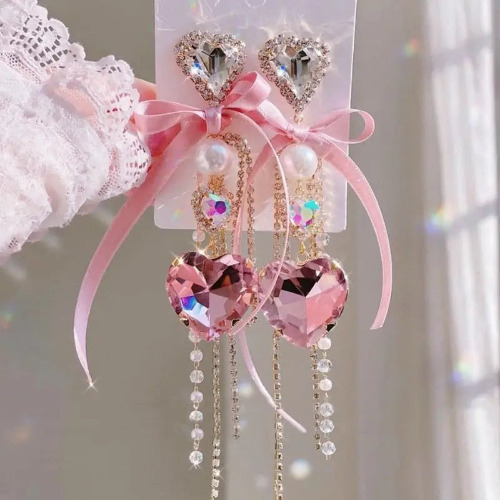 Glamorous Rhinestone and Jewel Earrings for Luxurious Style - Pink Heart