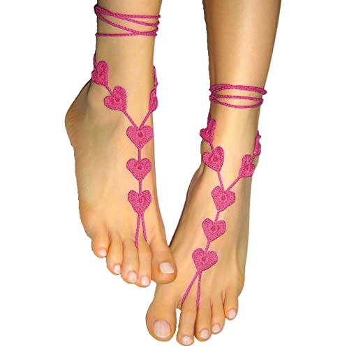 Heart Shape Beach wedding Barefoot Sandals, Crochet Anklet Women Foot Jewelry, Nude Shoes, Valentines Gift for Her (Pink) - Pink