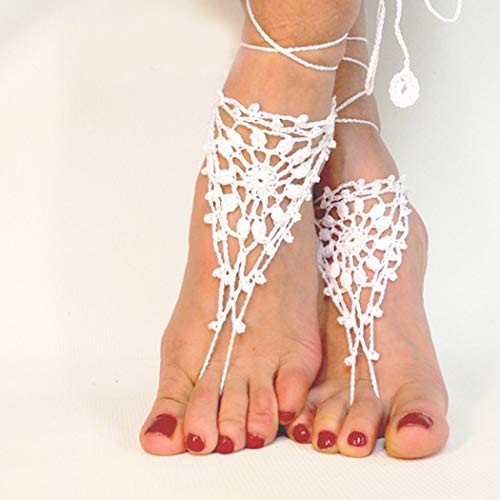 Brinote Layered Wedding Anklet Shoes Crochet Beach Sandals Ankle Foot Chain Lace Barefoot Anklets Ring Feet for Women and Girls (2PCS) - White