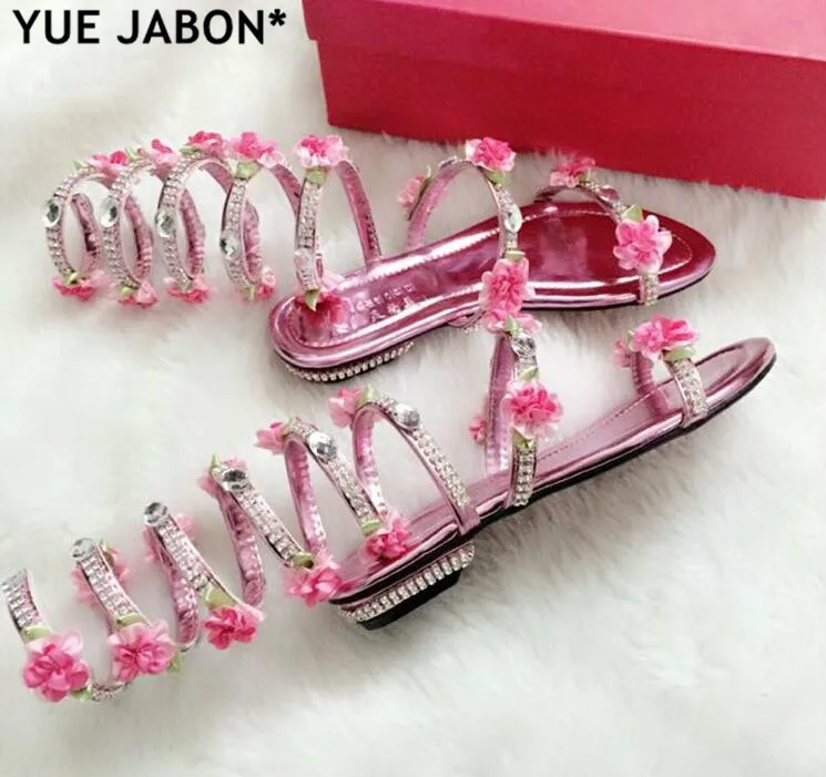 Pink White Flower Summer Luxurious gladiator sandals women Flat Snake Punk Rhinestone Flat Heel Women Sandals Wedding Party shoe