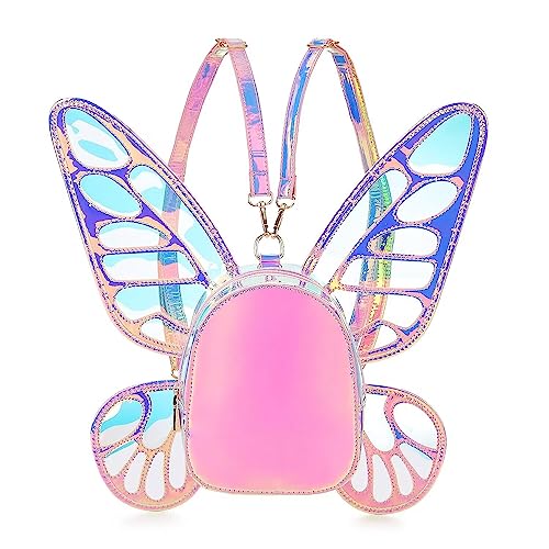 ENJOININ Women's Laser Holographic Backpack Butterfly Angel Wings Casual Daypack Shoulder Bag (Laser Pink) - Laser Pink