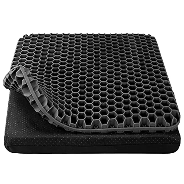 Gel Seat Cushion, Cooling Thick Big Breathable Honeycomb Design Absorbs Pressure Points Seat Cushion with Non-Slip Cover for Office Chair Home Cars Wheelchair - Black