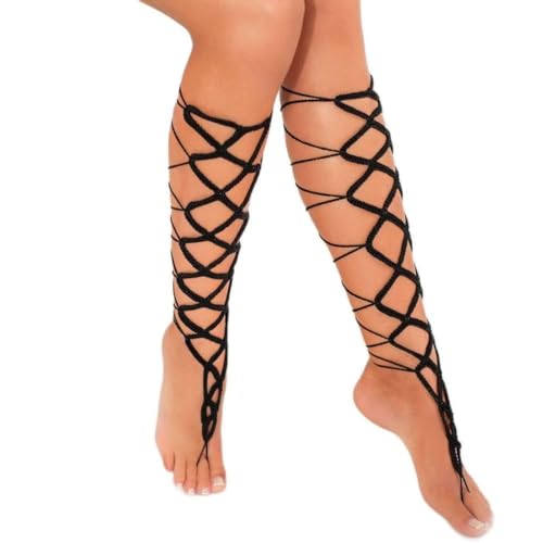 Asphire Beach Crochet Barefoot Sandals 2pcs Bridal Wedding Floral Anklet Yoga Dance Foot Accessories Bandage Foot Chains for Women and Girls (Black(Long))