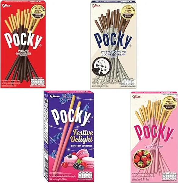 Pocky CHRISTMAS PACK Selection Box (4 Packs) - Cookies & Cream, Strawberry, Chocolate, Limited Edition Festive Delight