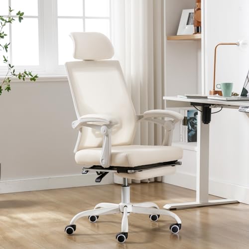 Qulomvs Mesh Ergonomic Office Chair with Footrest, Cream White - Cream White With Footrest