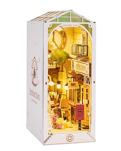 Rowood Book Nook Kits for Adults Bookshelf Insert Decor Alley 3D Wooden Puzzle Bookend DIY Craft Kits for Adults with LED Light - Sunshine Town - TGB02-Sunshine Town