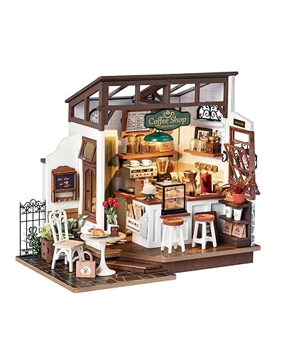 Rowood Miniature House Kit,DIY Miniature Dollhouse Kits for Adults to Build to Live in,Mayberry Street Miniatures,Wooden Adults Craft Kits,Mini Model Kits with LED,Birthday for Teens(NO.17 Cafe) - NO.17 Café