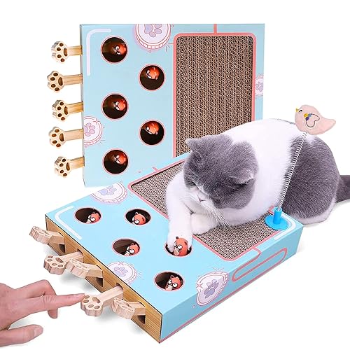Tookincmo Cat Enrichment Toys - Interactive Whack a Mole Game, Scratching Pad, and Cardboard Box for Indoor Cats - Whack Mole+Pad