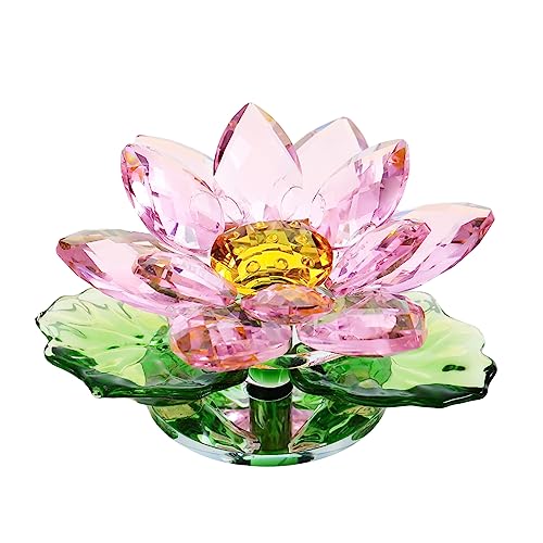 Sparkle Crystal Pink Lotus Flower Figurines Decoration Glass Decorative Lotus Flowers Art Decor, Feng Shui Home Decor Collection Table Centrepiece - Pink