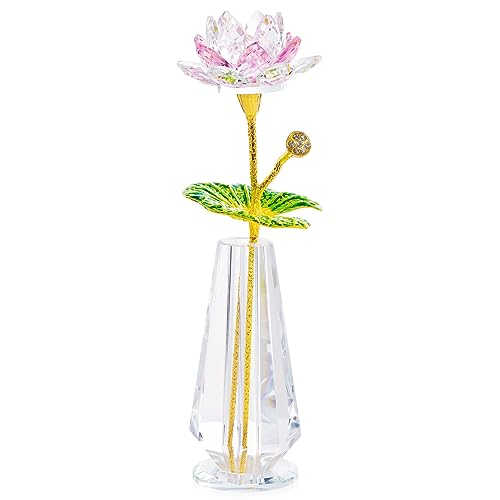 YWHL Pink Lotus Flower Figurine with Vase Decor, Crystal Lotus Gifts for Birthday Christmas, Beautiful Lotus Statue Home Party Decorations - Pink