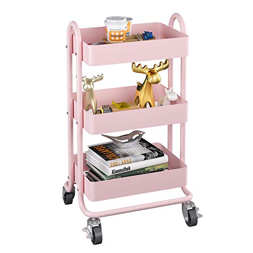 MIOCASA 3-Tier Metal Utility Rolling Cart, Heavy Duty Multifunction Cart with Lockable Casters, Easy to Assemble, Suitable for Office, Bathroom, Kitchen, Garden (Pink) (Metal&Pink) - Metal&Pink