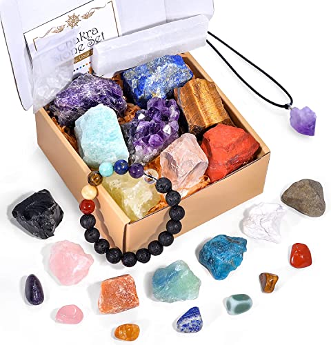 AOOVOO 26 PCS Crystals and Healing Stones, Healing Crystals Gift Set, 7 Raw Chakra Stone, 7 Tumbled Gemstones, Crystal Amethyst Necklace, Selenite Plate, Lava Bracelet, Clear Quartz, Gift Box - 26 Pcs Crystals and Healing Stones