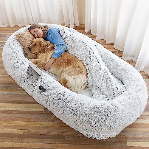 WROS Human Dog Bed, 71''x45''x12'' Size Fits You and Pets, Washable Faux Fur Dog Bed for People Doze Off, Napping Orthopedic Dog Bed, Present Plump Pillow, Blanket, Strap - Grey - 180L x 114W x 30H cm - Grey