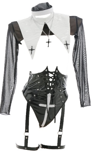 MEOWCOS Sexy Lingerie Set Nun Suit Open Chest Body Shaper Bodysuit with Mesh Top and Stockings
