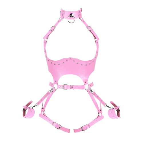 Waist Garter belt Punk Full body harness for women Photography Dance Rock Halloween Leather cage Chest strap set - Pink