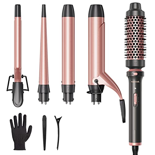 Wavytalk 5 in 1 Curling Iron Set with Curling Brush and 4 Interchangeable Ceramic Curling Wand (0.35"-1.25”), Instant Heat Up, Dual Voltage Hair Curler - Curling Iron（0.35“-1.25”） - Rose Gold