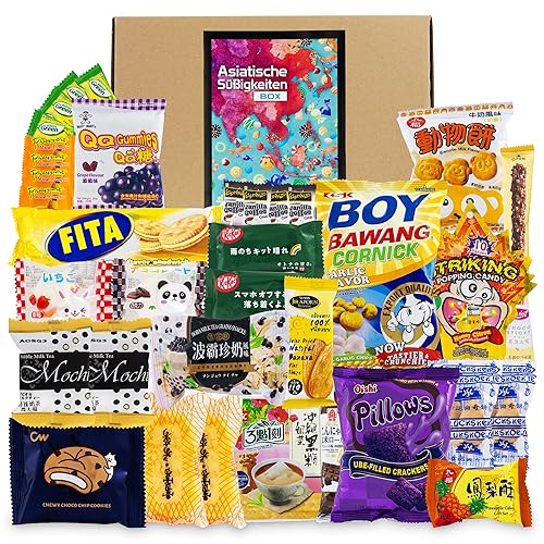 Asiatische Süßigkeiten Box mit über 30 Snacks - Asia Candy Mix mit Chips, Schokolade, Crackern und Keksen aus Korea, Taiwan, Japan, China, Thailand, Indien uvm. - Probierbox Spezialitäten aus Asien