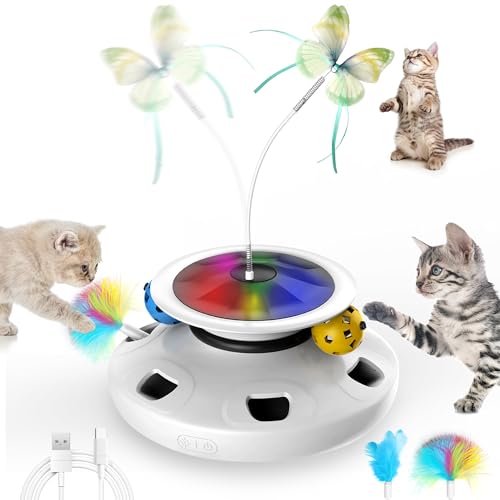 BitPeUG 3 in 1 Cat Toys Rechargeable, Interactive Cat Toys for Indoor Cats, Automatic Cat Toy with 2000mA Battery, Electric Cat Toy, Fluttering Butterfly Toy, Whack a mole with 2 Attachments - White