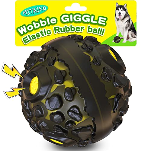MITAIKO Dog Toy Ball for Aggressive Chewers, Interactive Fetch Dog Ball with Fun Squeaky Giggle Sound, Durable for Small Medium Large Dogs, Non-Toxic Elastic Rubber Pet Chew Toys, Black & Yellow - Black & Yellow