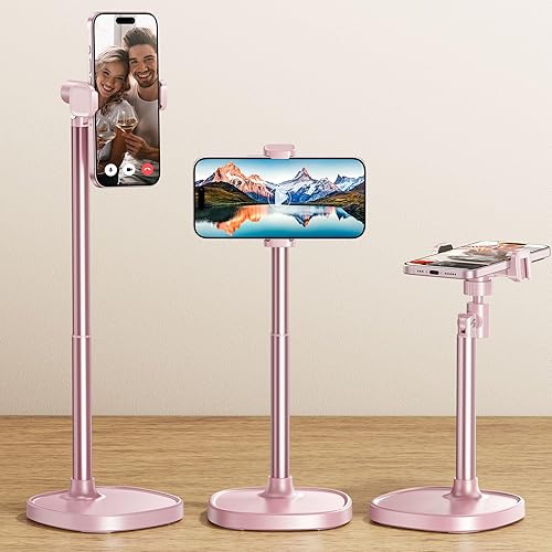 DIMONCOAT Phone Stand for Desk, Angle Height AdjustablePhone Holder for Desk, Aluminum Alloy Universal iPhoneStand Holder, Retractable Cell Phone Stand Recording Office for iPhone 16 15 Pro Max -Pink - PINK - 6X STABLE WEIGHTED BASE